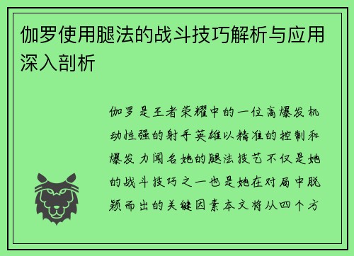 伽罗使用腿法的战斗技巧解析与应用深入剖析 伽罗使用腿法的战斗技巧解析与应用深入剖析